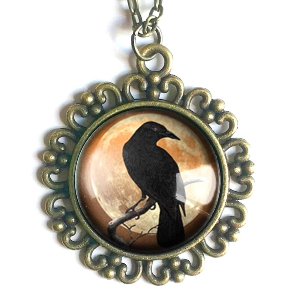 Orange Raven Necklace‎ - Gothic Ornate Pendant - Halloween Inspired Jewelry